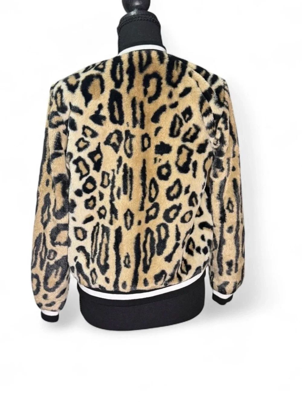 Justice Girls Size 12 Faux Fur Animal Print Zip Bomber Jacket Black Trim